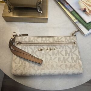 Michael Kors Cream and Tan Monogram Wristlet